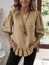 Casual Puff Sleeve Ruffle Hem Blouse - Trendsi - Flyclothing LLC