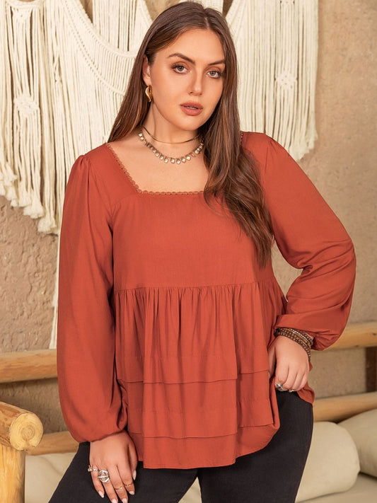 Plus Size Lace Detail Square Neck Long Sleeve Blouse - Trendsi