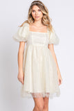 GeeGee Pearl Mesh Puff Sleeve Babydoll Dress - Trendsi