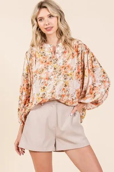 Mittoshop Flower Print Batwing Sleeve Button Down Blouse - Trendsi