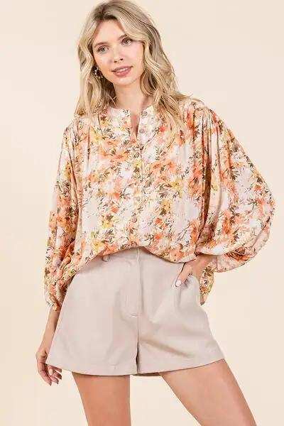 Mittoshop Flower Print Batwing Sleeve Button Down Blouse - Trendsi - Flyclothing LLC