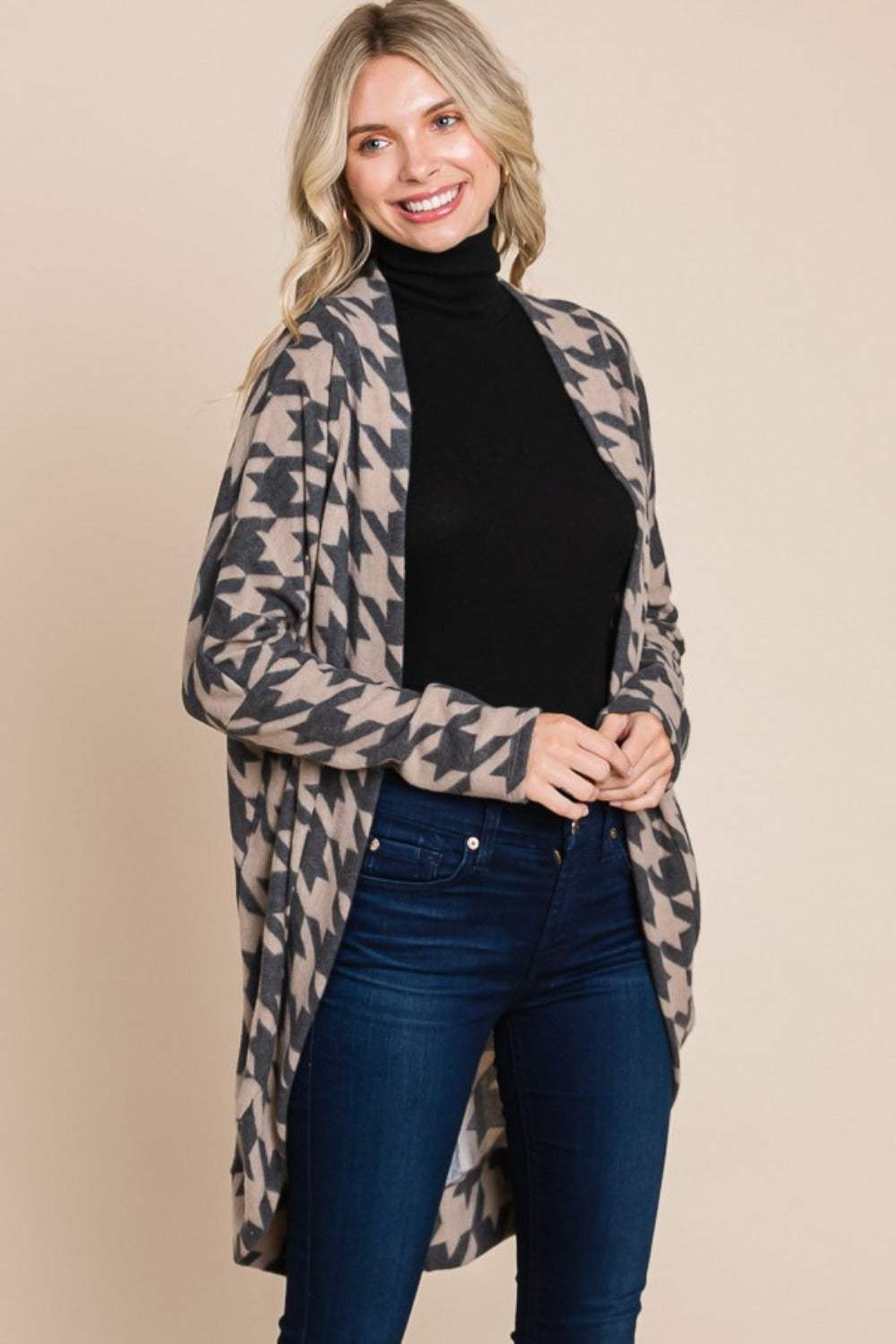 BOMBOM Houndstooth Open Front Cocoon Knit Cardigan - Trendsi - Flyclothing LLC