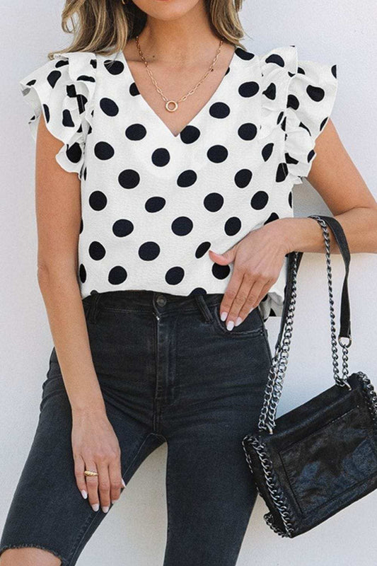 Polka Dot Ruffled Cap Sleeve V Neck Blouse - Trendsi - Flyclothing LLC