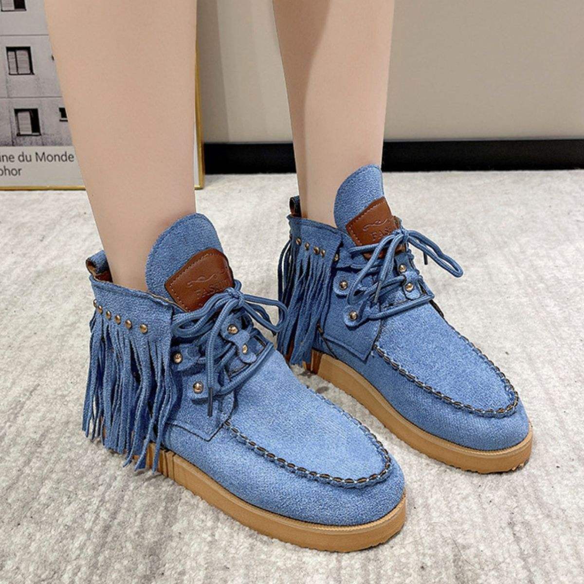 Fringe Studded Round Toe Canvas Boots - Trendsi - Flyclothing LLC