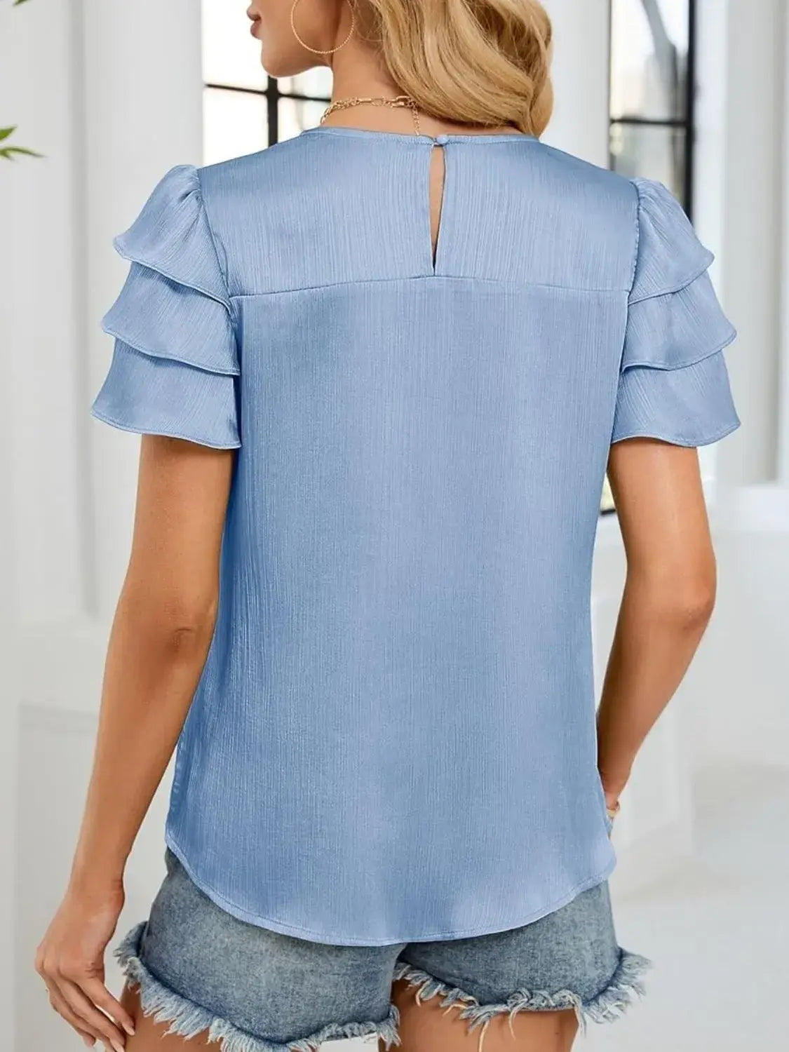 Smocked Round Neck Ruffled Layered Sleeve Blouse - Trendsi - Flyclothing LLC