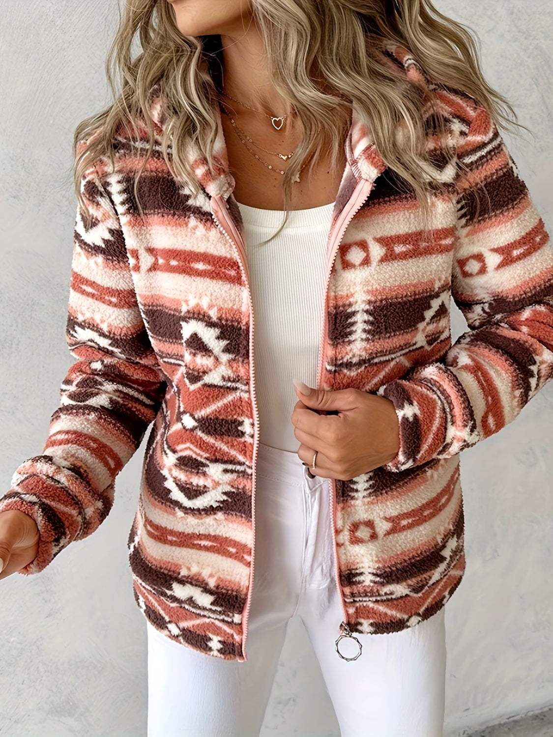 Geometric Zip Up Long Sleeve Hooded Jacket - Trendsi - Flyclothing LLC