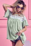 BiBi Lace Detail Short Sleeve Striped Blouse - Trendsi - Flyclothing LLC
