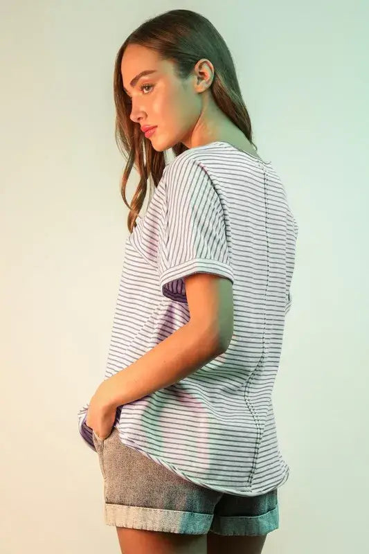 VERY J Striped V-Neck Short Sleeve T-Shirt - Trendsi - Flyclothing LLC