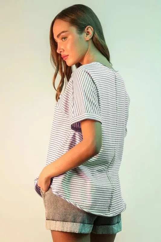 VERY J Striped V-Neck Short Sleeve T-Shirt - Trendsi - Flyclothing LLC