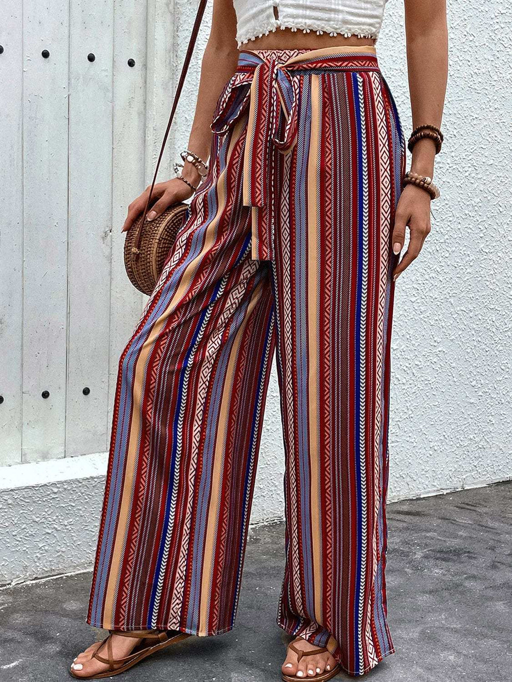 Tied Geometric Wide Leg Pants - Trendsi - Flyclothing LLC