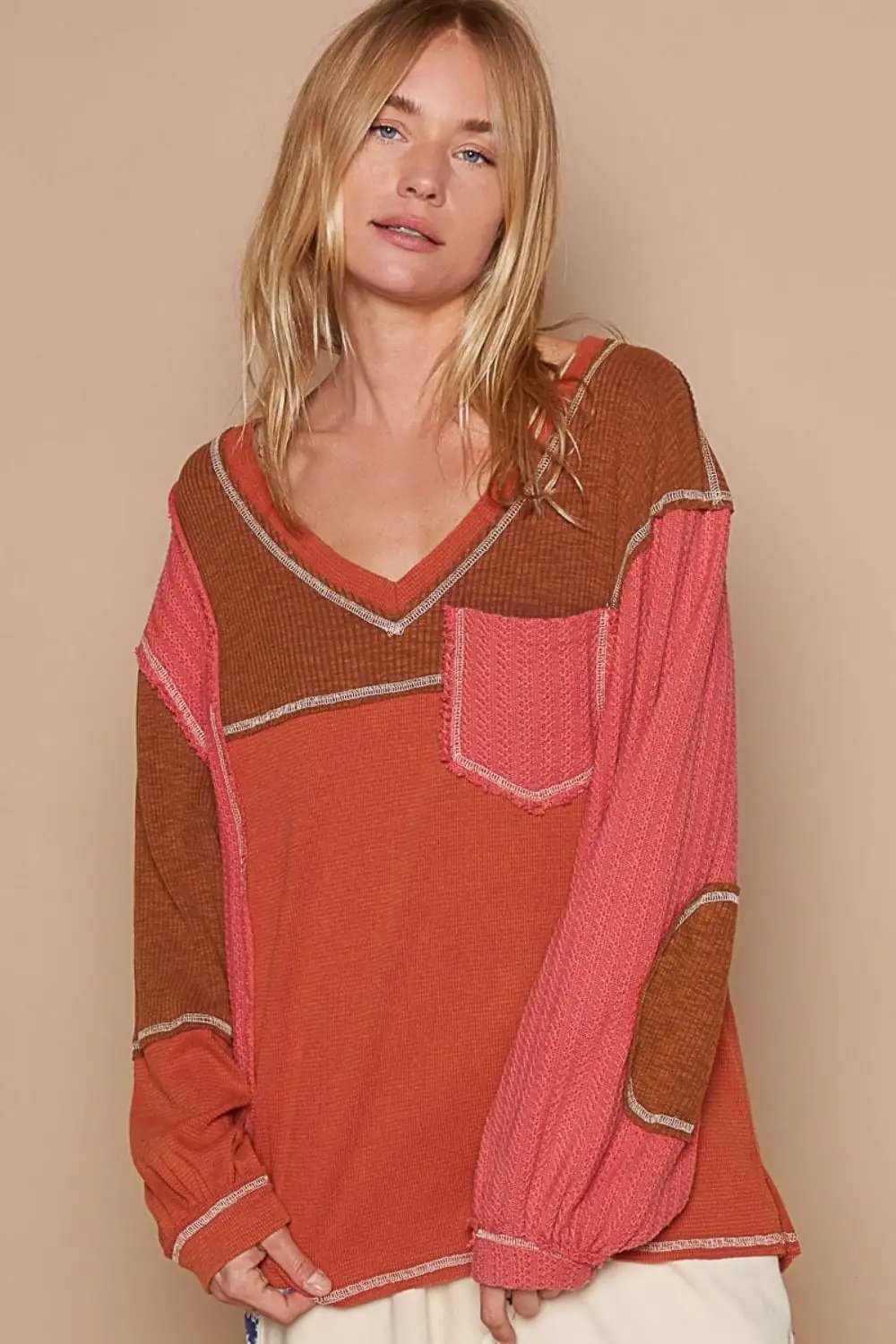 POL V-Neck Knit Panel Exposed Seam Top - Trendsi