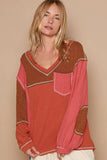POL V-Neck Knit Panel Exposed Seam Top - Trendsi