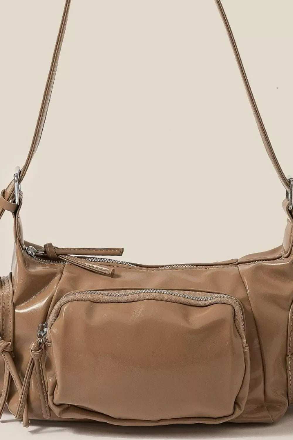 Fame Glossy Faux Leather Multi Pocket Hand Bag - Trendsi - Flyclothing LLC