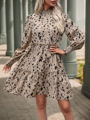 Frill Printed Mock Neck Long Sleeve Mini Dress - Trendsi