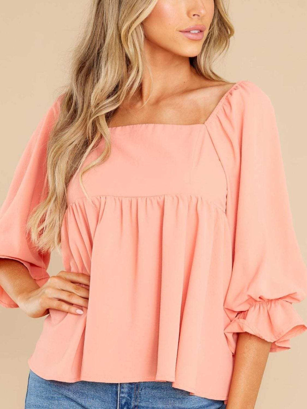 Smocked Square Neck Flounce Sleeve Blouse - Trendsi - Flyclothing LLC