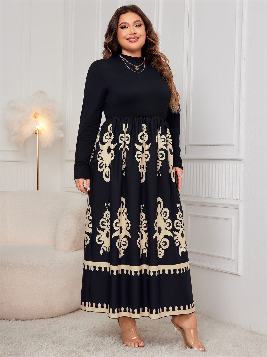 Plus Size Printed Mock Neck Long Sleeve Dress - Trendsi