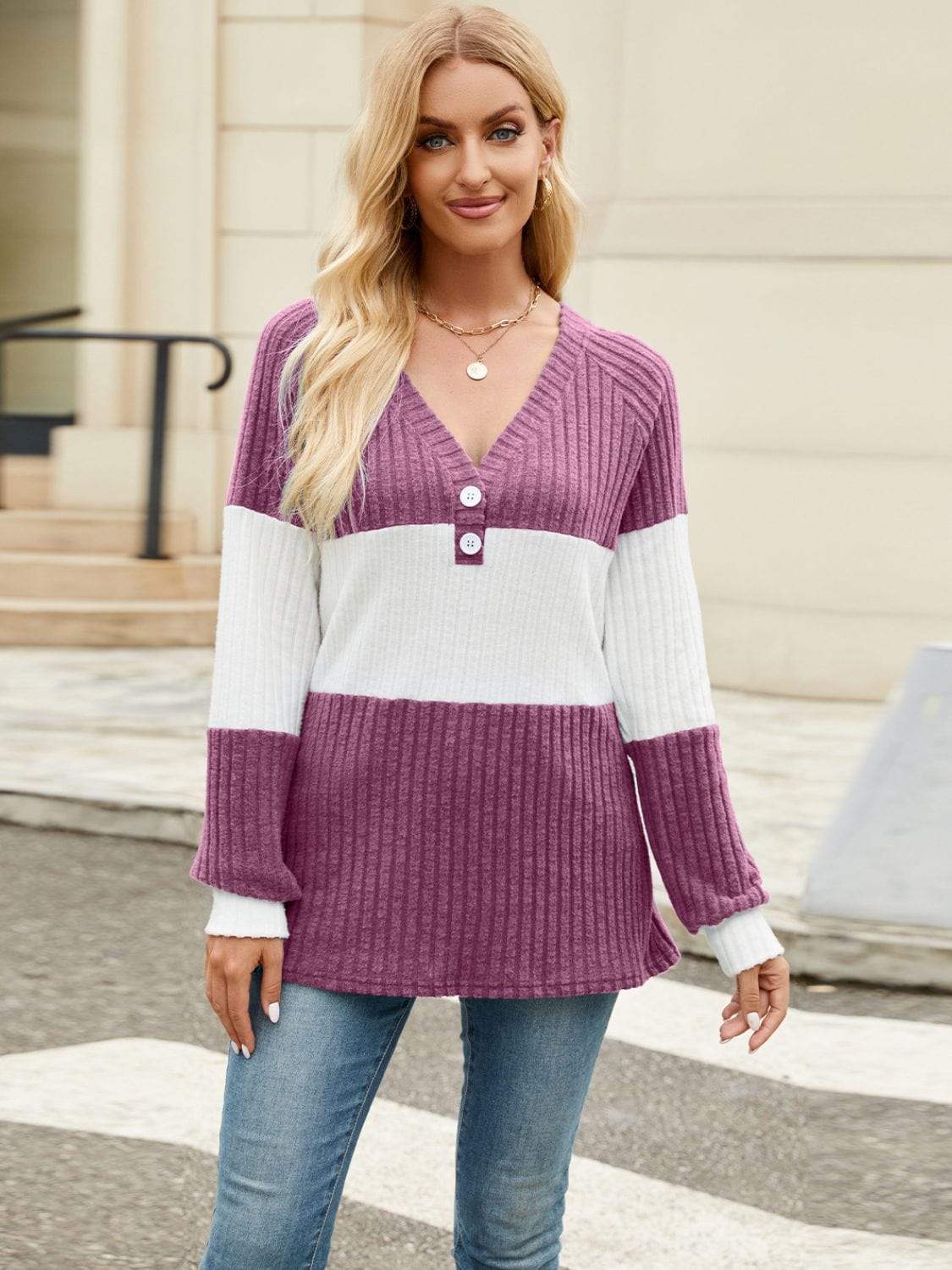 Color Block V-Neck Long Sleeve T-Shirt - Trendsi - Flyclothing LLC