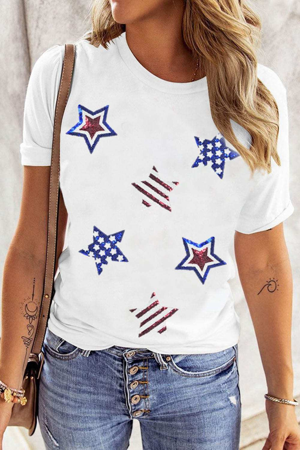 Sequin Star Round Neck Short Sleeve T-Shirt - Trendsi - Flyclothing LLC