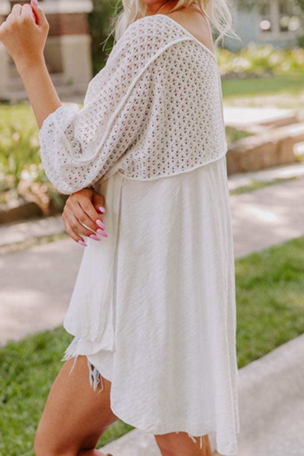 Openwork High Low Hem V Neck Oversized Top - Trendsi - Flyclothing LLC