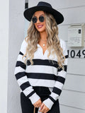 Striped Johnny Collar Knit Top - Trendsi