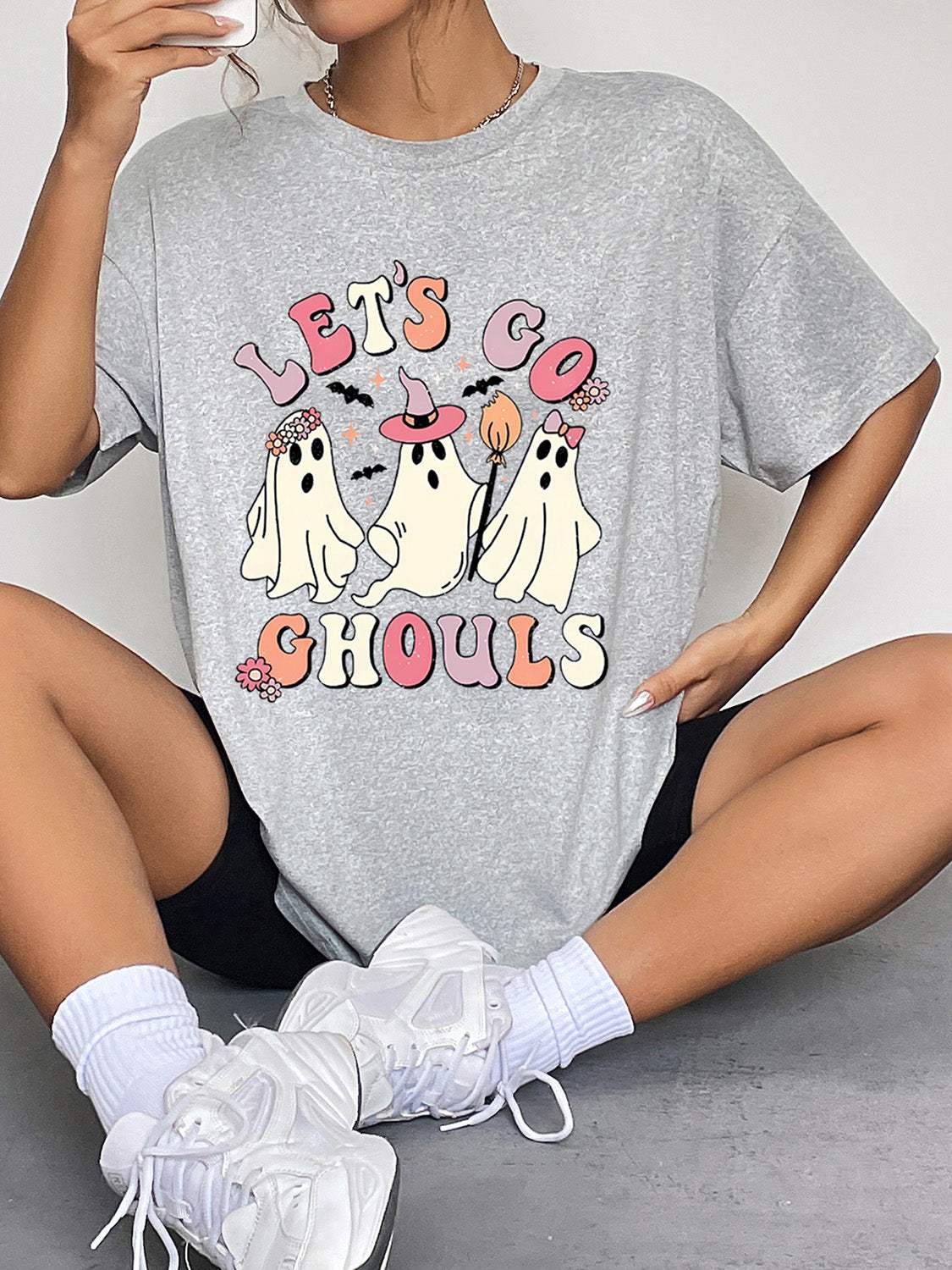 Round Neck Short Sleeve LET'S GO GHOULS Graphic T-Shirt - Trendsi - Flyclothing LLC
