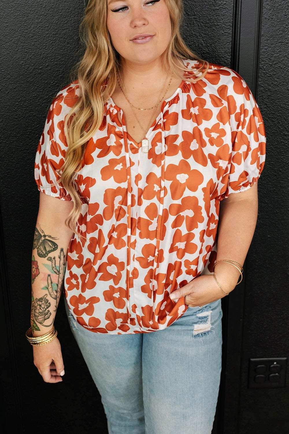 Plus Size Printed Tie Neck Short Sleeve Blouse - Trendsi - Flyclothing LLC
