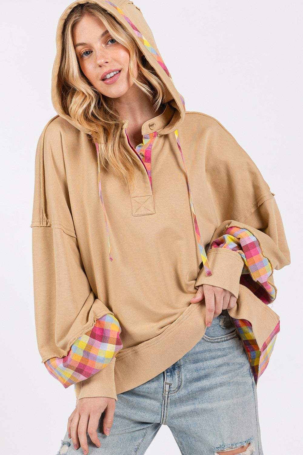 SAGE + FIG Full Size Plaid Print Washed Hoodie - Trendsi - Flyclothing LLC