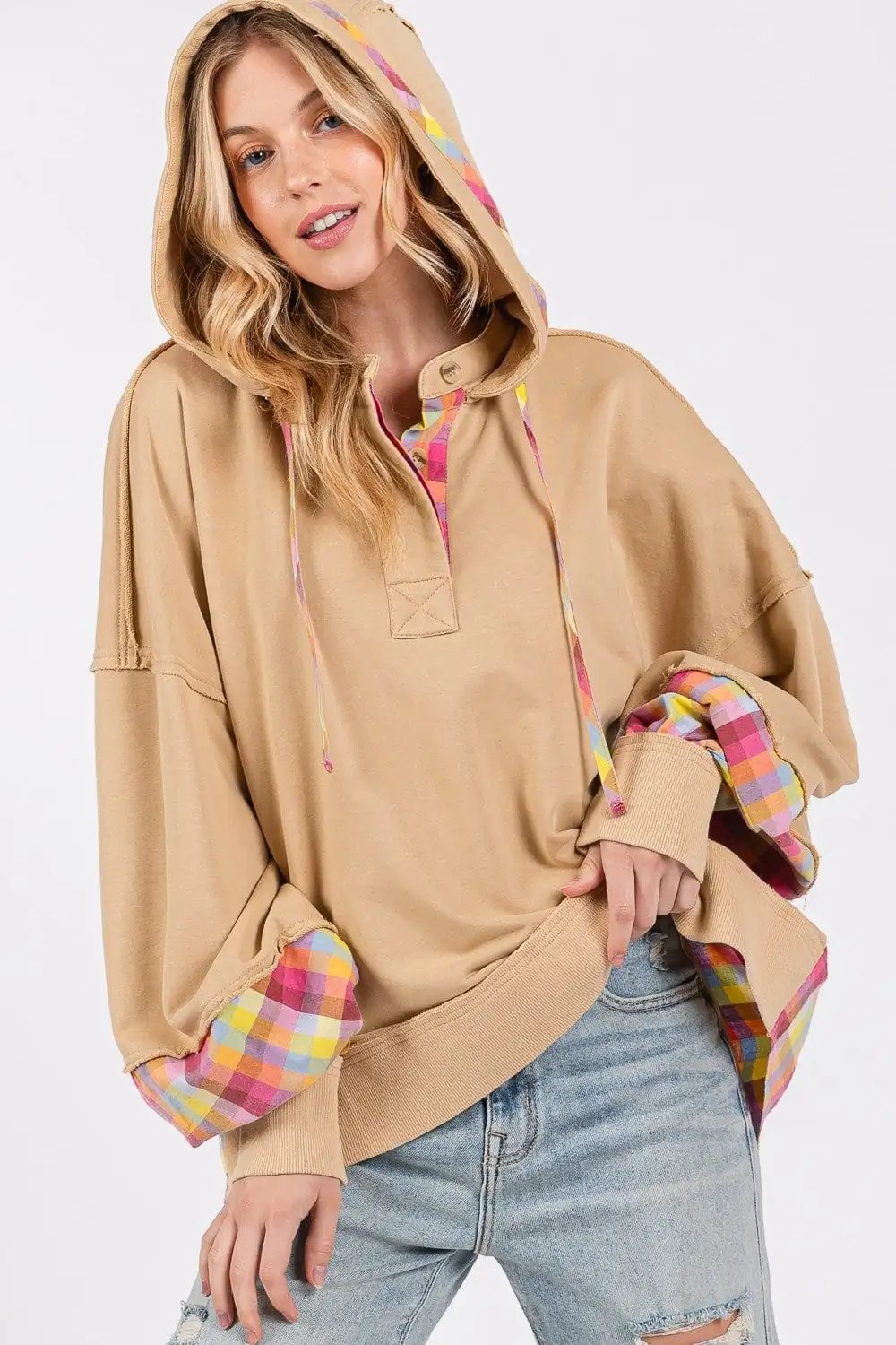 SAGE + FIG Full Size Plaid Print Washed Hoodie - Trendsi