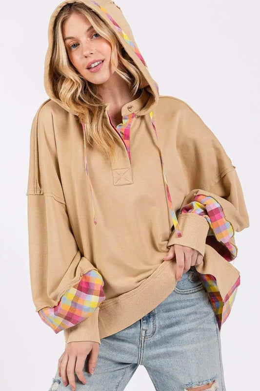 SAGE + FIG Full Size Plaid Print Washed Hoodie - Trendsi - Flyclothing LLC