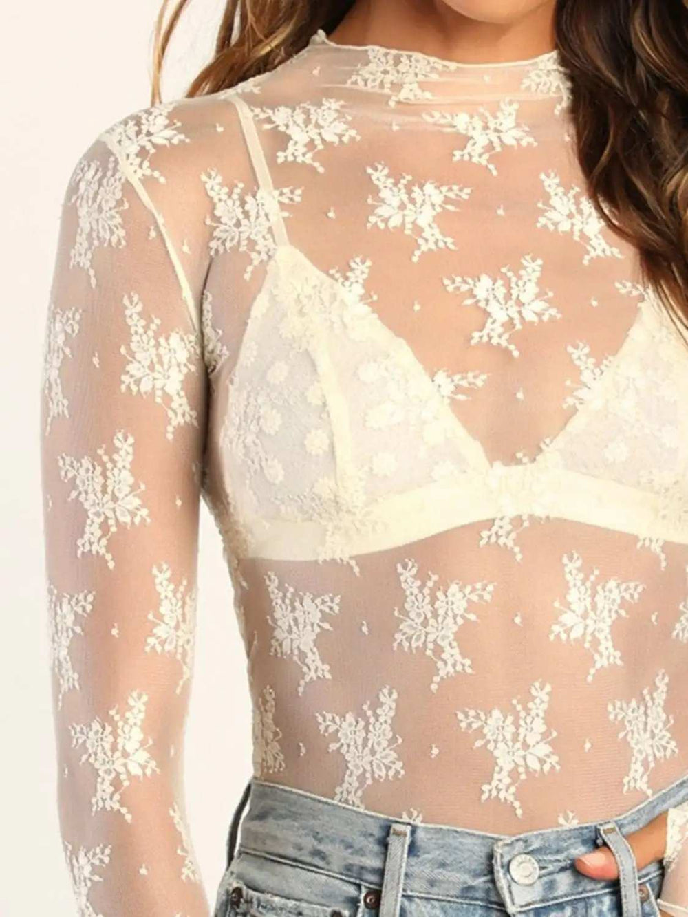 Lace Mock Neck Long Sleeve Blouse - Trendsi - Flyclothing LLC