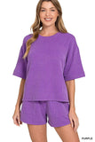 Zenana Raised Rib Short Sleeve Tee and Drawstring Shorts Set - Trendsi - Flyclothing LLC