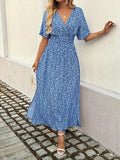 Slit Ditsy Floral Surplice Short Sleeve Maxi Dress - Trendsi
