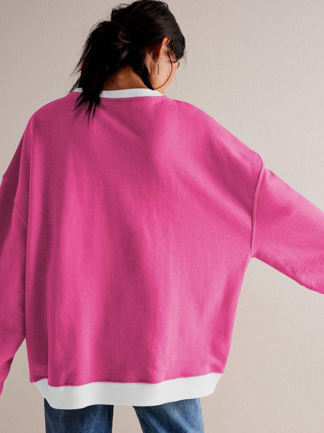 Contrast Trim Round Neck Long Sleeve Sweatshirt - Trendsi - Flyclothing LLC