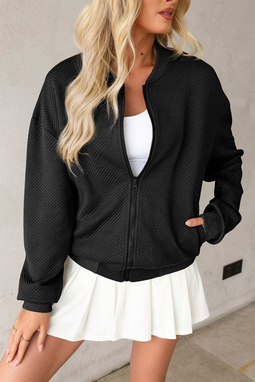 Texture Zip Up Baseball Collar Long Sleeve Jacket - Trendsi - Flyclothing LLC
