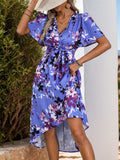 High-Low Printed Surplice Short Sleeve Midi Dress - Trendsi