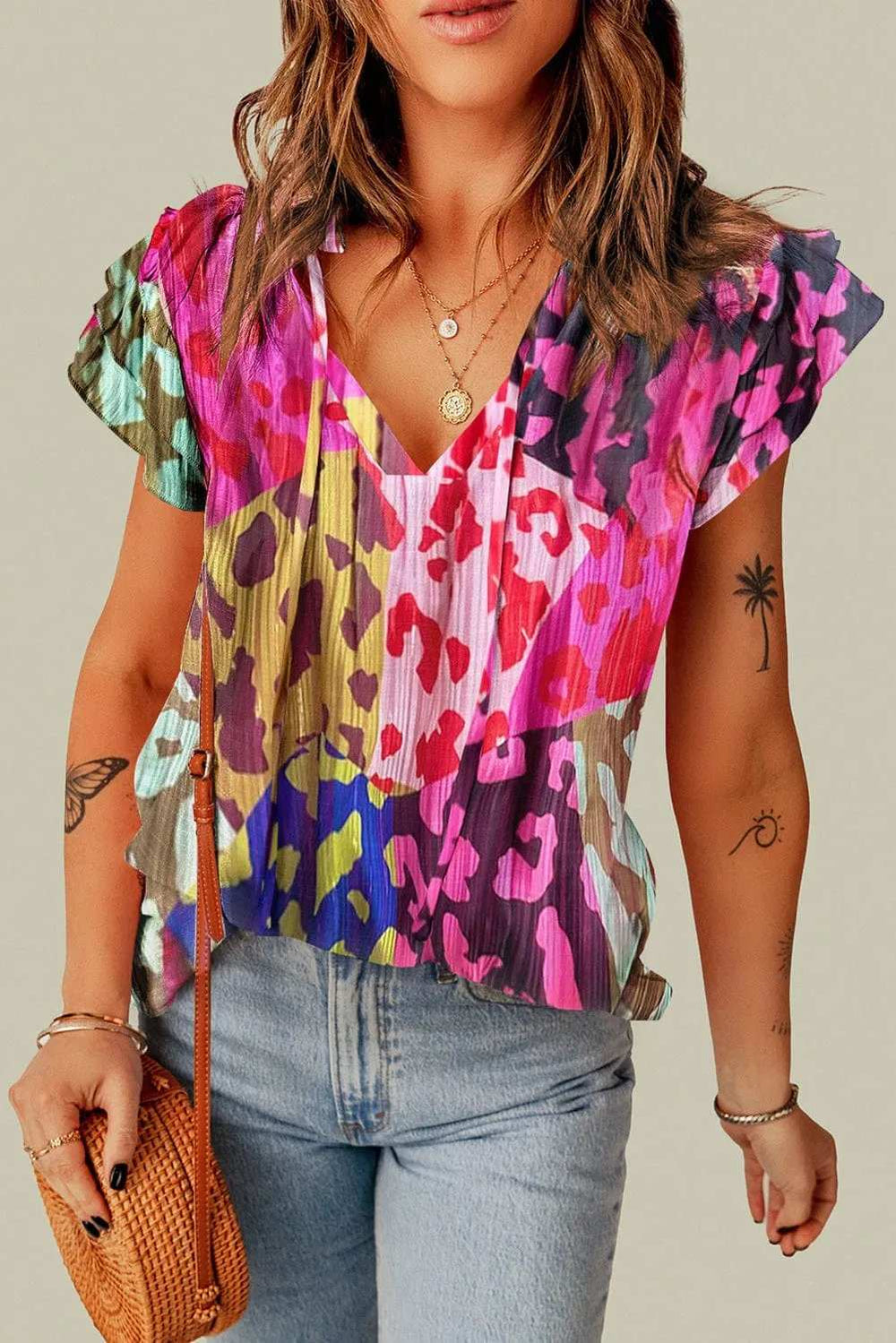 Ruffled Printed Tie Neck Cap Sleeve Blouse - Trendsi - Flyclothing LLC