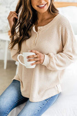 Slit Waffle Knit Long Sleeve T-Shirt - Trendsi - Flyclothing LLC