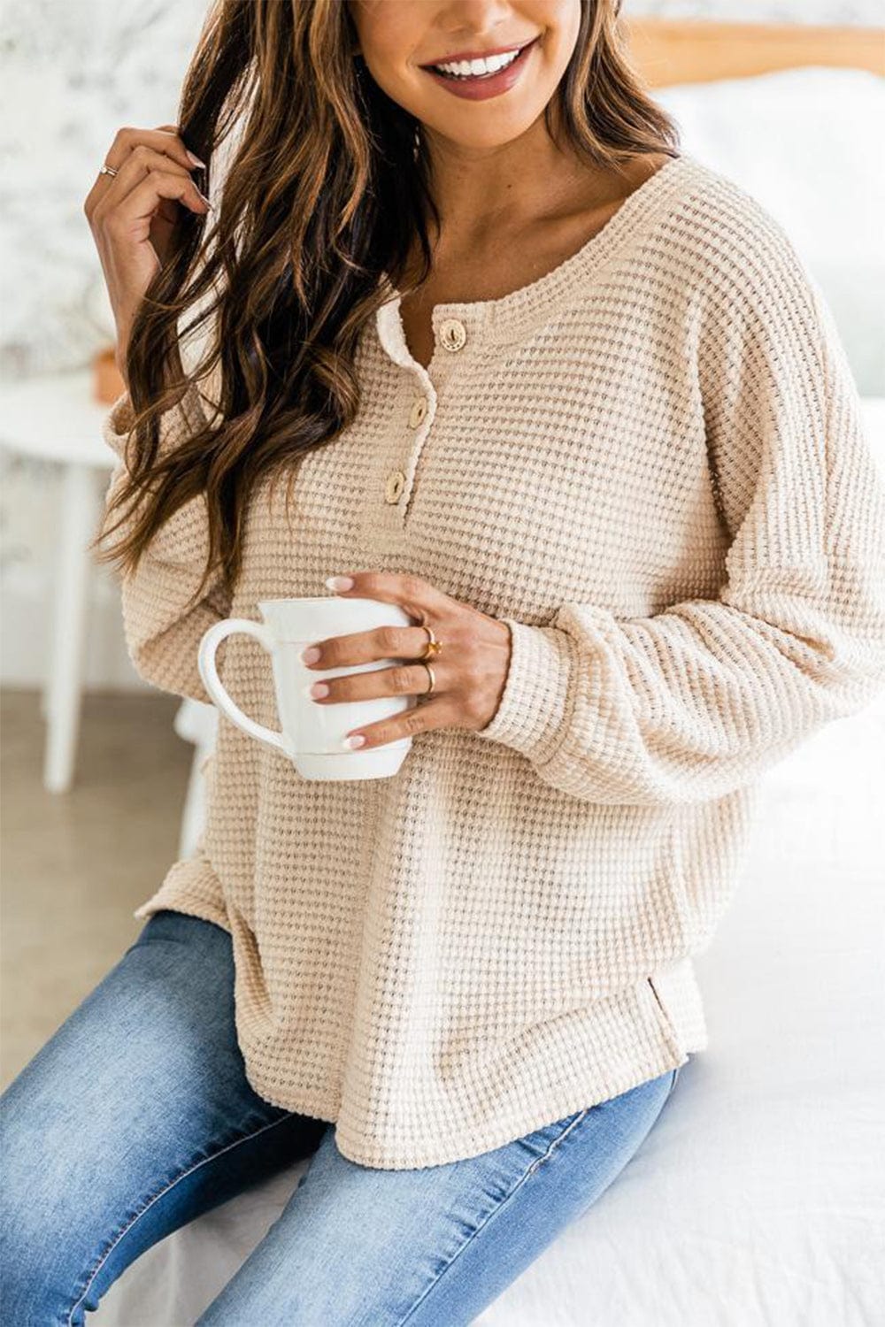 Slit Waffle Knit Long Sleeve T-Shirt - Trendsi
