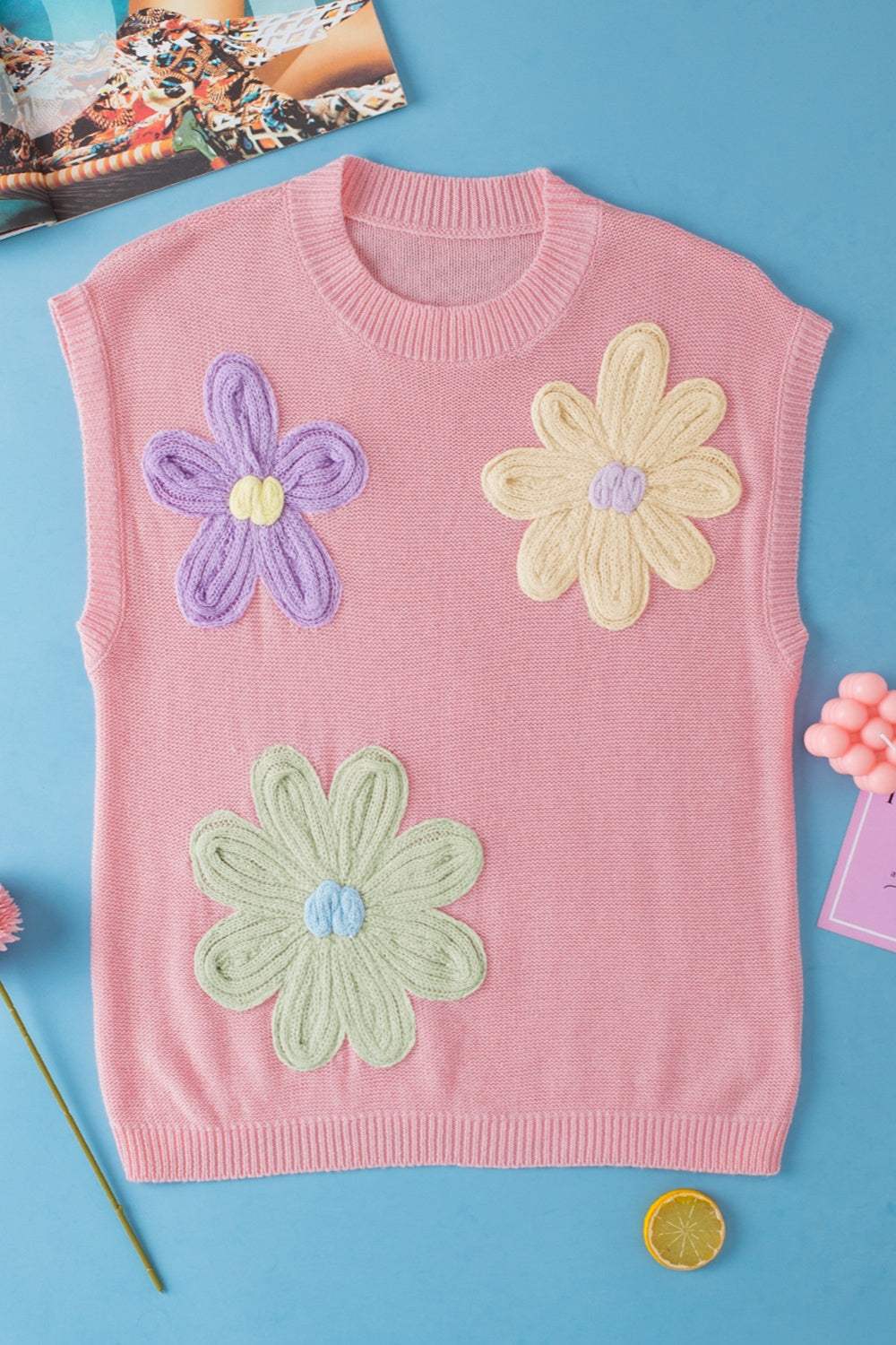Crochet Flower Round Neck Sweater Vest - Trendsi - Flyclothing LLC