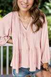 Textured Tie Neck Three-Quarter Sleeve Blouse - Trendsi