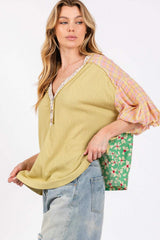 SAGE + FIG Color Block Bubble Sleeve Top - Trendsi - Flyclothing LLC