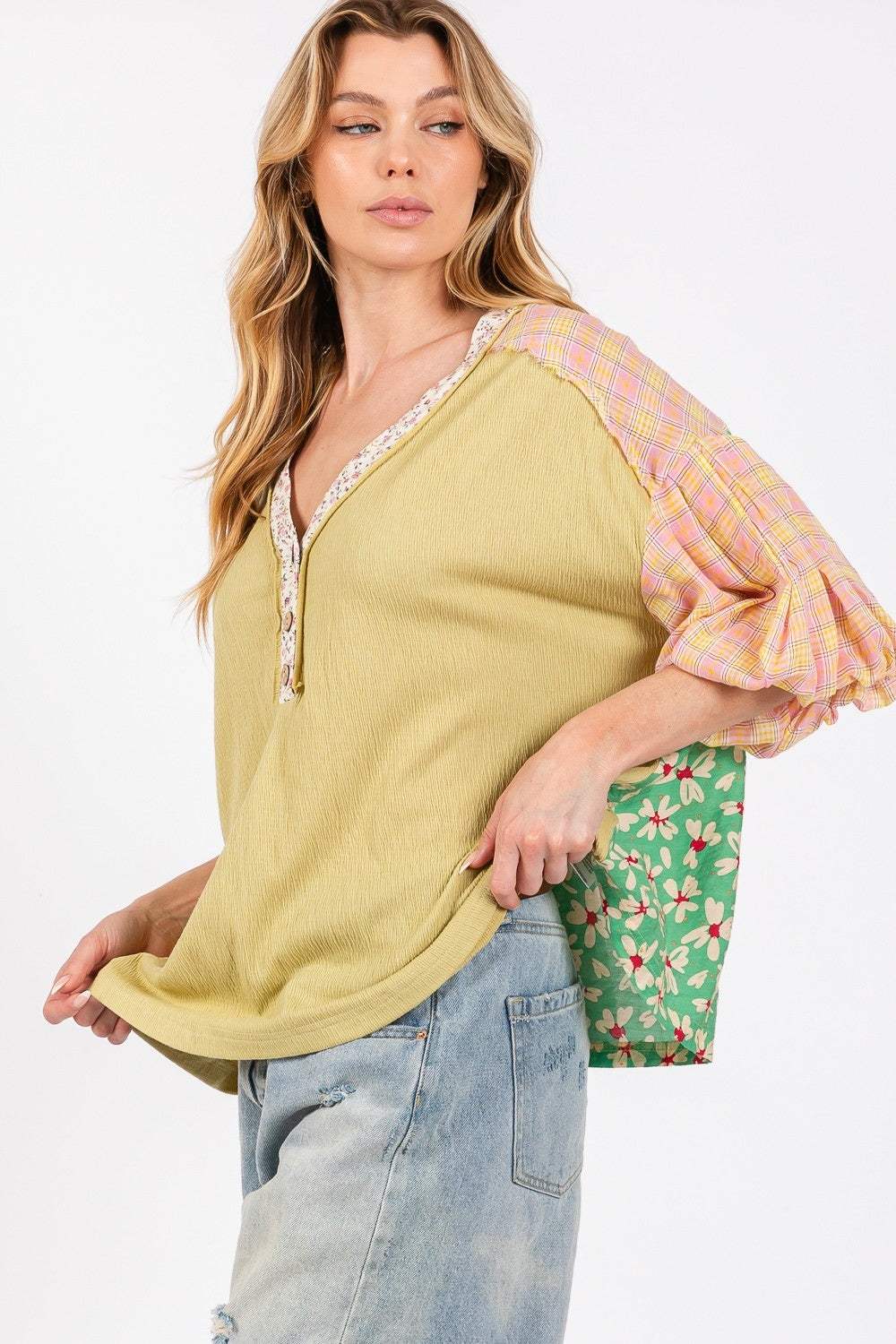 SAGE + FIG Color Block Bubble Sleeve Top - Trendsi - Flyclothing LLC