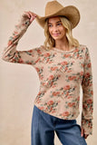 BiBi Floral Print Washed Waffle Thermal Top with Thumb - Trendsi - Flyclothing LLC
