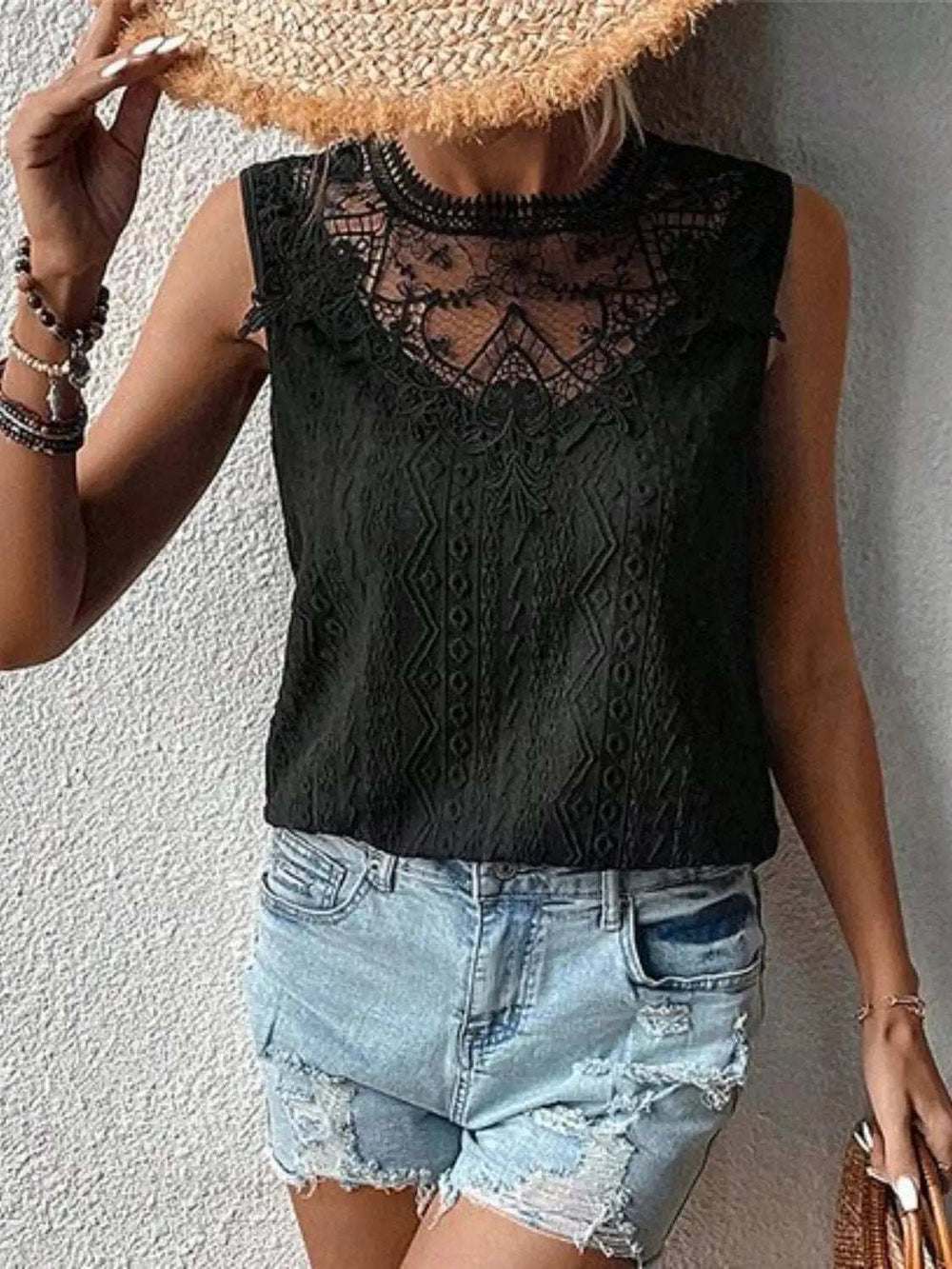 Lace Eyelet Sleeveless Top - Trendsi - Flyclothing LLC