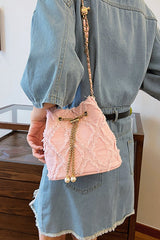 Chain Drawstring Raw Edge Denim Bucket Bag - Trendsi