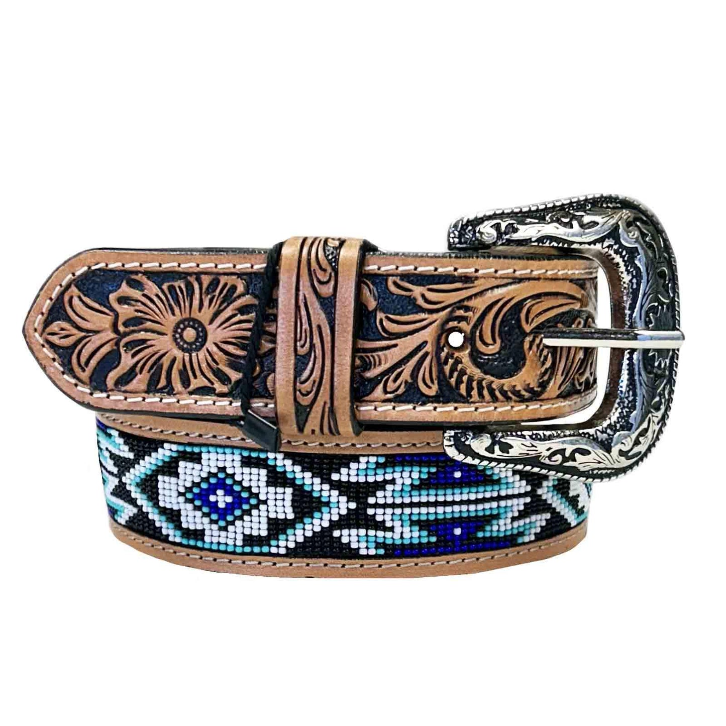 Heavy Duty Brown Tooled Leather Western Belt with Blue & White Native Pattern Beaded Inlay - Rockmount Ranch Wear - Flyclothing LLC