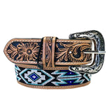 Heavy Duty Brown Tooled Leather Western Belt with Blue & White Native Pattern Beaded Inlay - Rockmount Ranch Wear - Flyclothing LLC