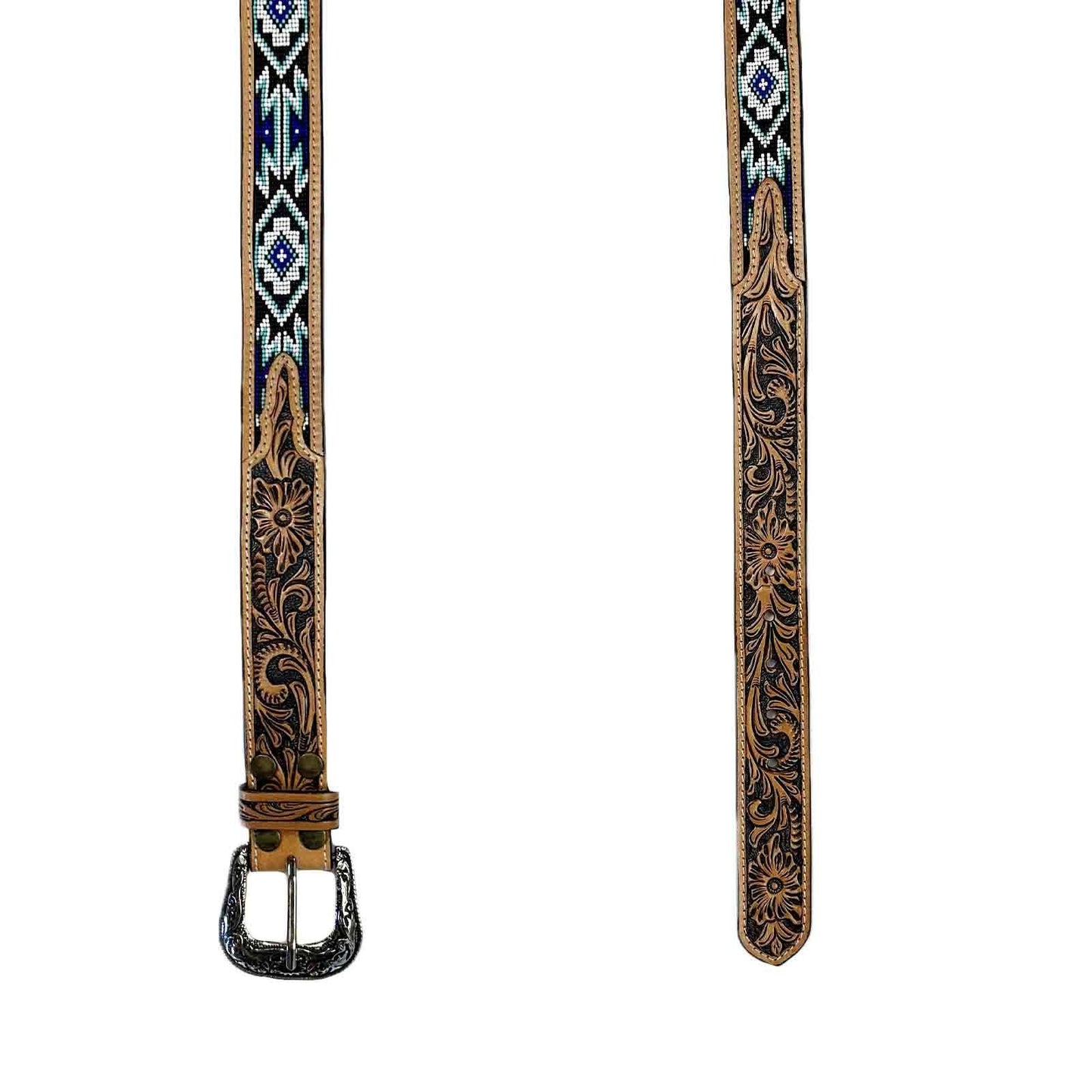 Heavy Duty Brown Tooled Leather Western Belt with Blue & White Native Pattern Beaded Inlay - Rockmount Ranch Wear - Flyclothing LLC