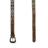 Heavy Duty Brown Tooled Leather Western Belt with Blue & White Native Pattern Beaded Inlay - Rockmount Ranch Wear - Flyclothing LLC