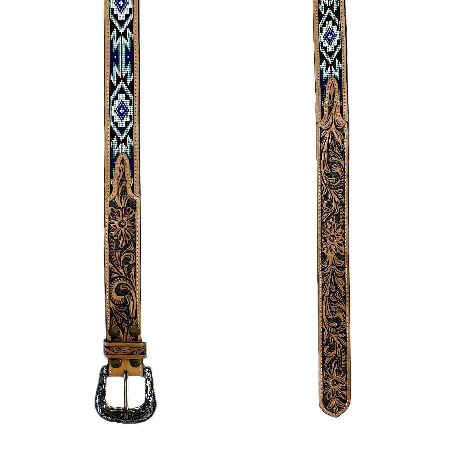 Heavy Duty Brown Tooled Leather Western Belt with Blue & White Native Pattern Beaded Inlay - Rockmount Ranch Wear - Flyclothing LLC